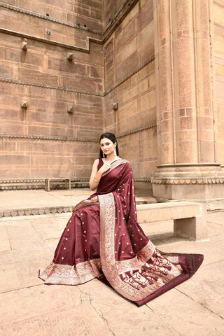 Cranberry Wine Pure Katan Silk Banarasi Handloom Silk Saree