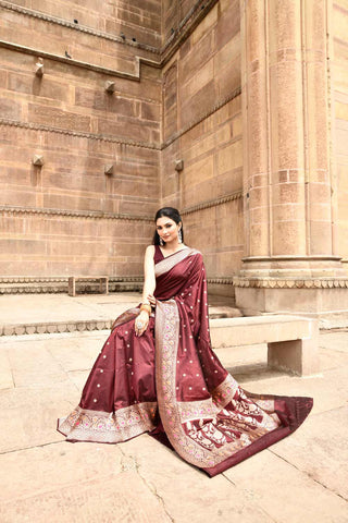 Cranberry Wine Pure Katan Silk Banarasi Handloom Silk Saree