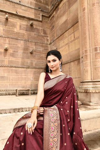 Cranberry Wine Pure Katan Silk Banarasi Handloom Silk Saree