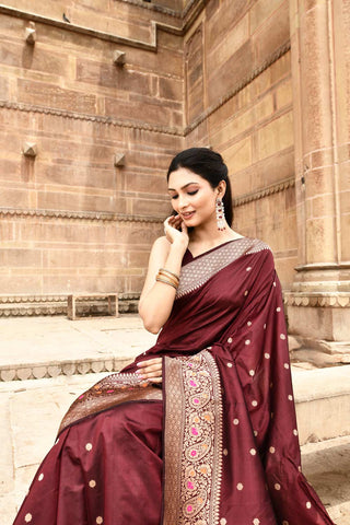 Cranberry Wine Pure Katan Silk Banarasi Handloom Silk Saree