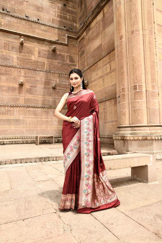 Maroon Pure Katan Silk Banarasi Handloom Silk Saree