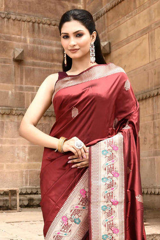 Maroon Pure Katan Silk Banarasi Handloom Silk Saree