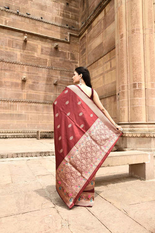 Maroon Pure Katan Silk Banarasi Handloom Silk Saree