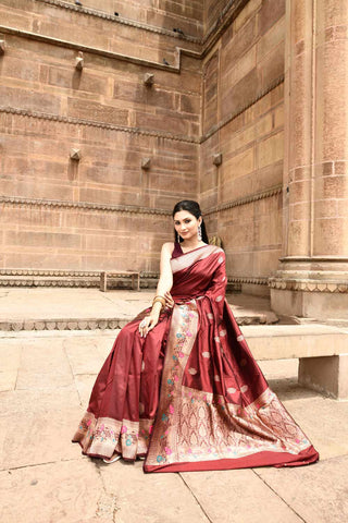 Maroon Pure Katan Silk Banarasi Handloom Silk Saree