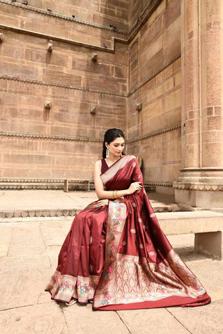 Maroon Pure Katan Silk Banarasi Handloom Silk Saree