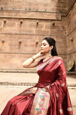 Maroon Pure Katan Silk Banarasi Handloom Silk Saree