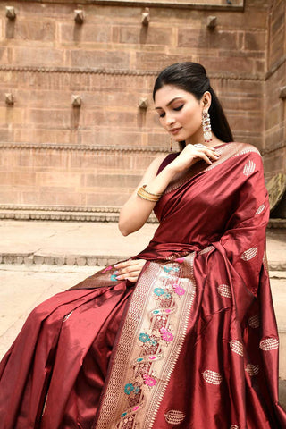 Maroon Pure Katan Silk Banarasi Handloom Silk Saree