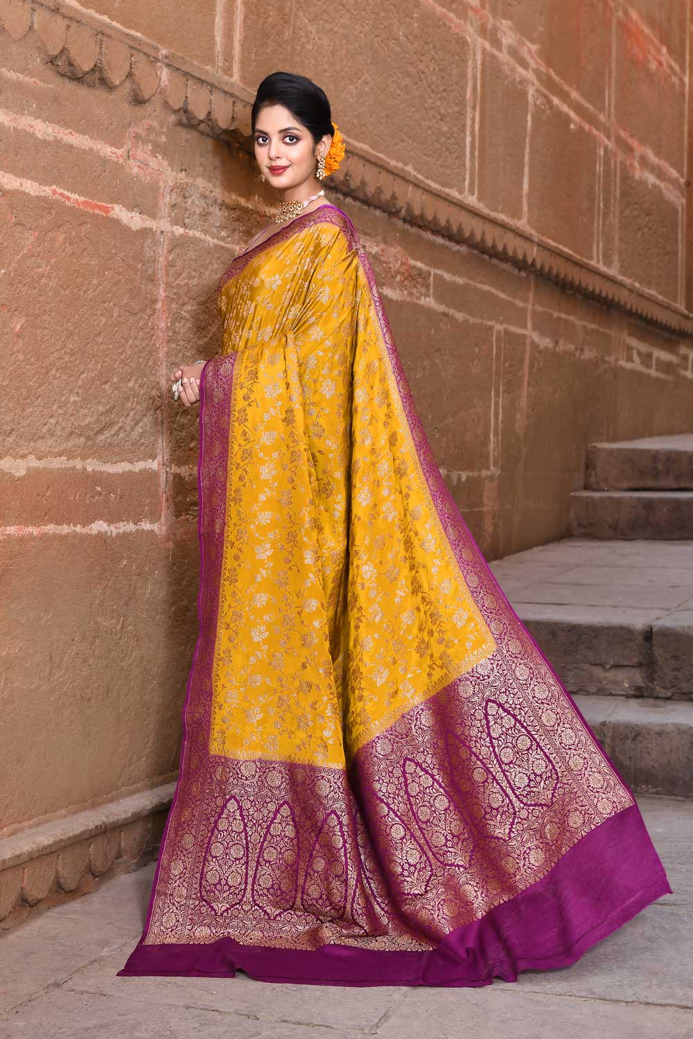 Mustard Banarasi Handloom Silk Saree With Blouse