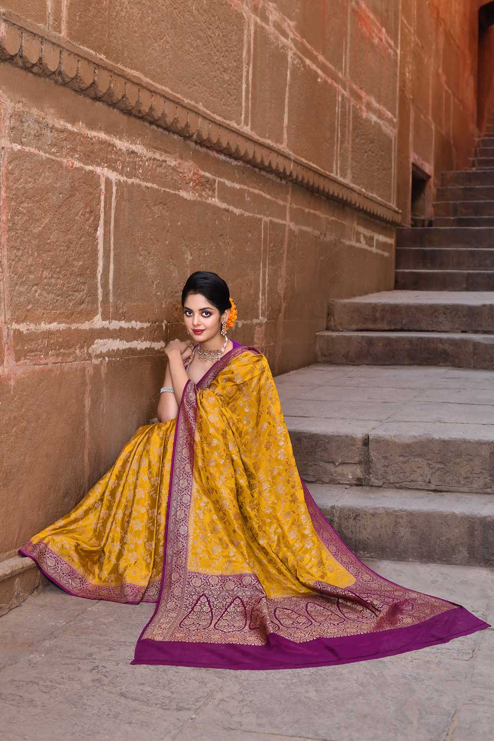 Mustard banarasi Silk Saree With Blouse