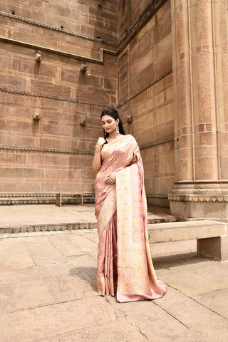 Peach Rose Gold Pure Katan Silk Banarasi Handloom Silk Sareee