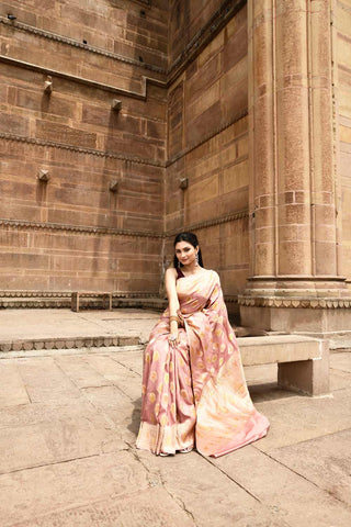 Peach Rose Gold Pure Katan Silk Banarasi Handloom Silk Sareee