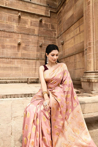 Peach Rose Gold Pure Katan Silk Banarasi Handloom Silk Sareee