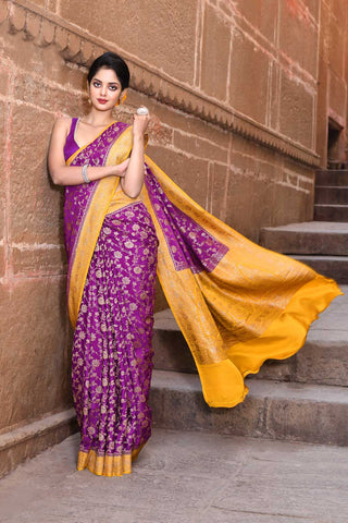 Purple- Mustard Pure Crepe Georgette Banarasi Handloom Silk Saree