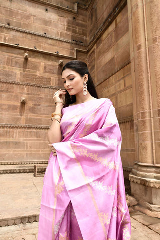 Lilac -Pink Pure Katan Silk Banarasi Handloom Silk Saree