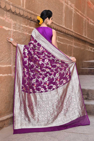 Purple Pure Khaddi Georgette Banarasi Handloom Saree With Meenkari Jaal