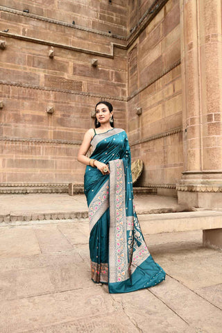 Teal  Pure Katan Silk Banarasi Handloom Silk Saree