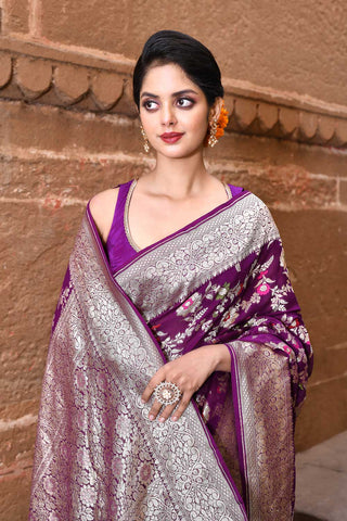 Purple Pure Khaddi Georgette Banarasi Handloom Saree With Meenkari Jaal