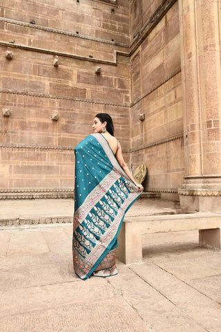 Teal  Pure Katan Silk Banarasi Handloom Silk Saree