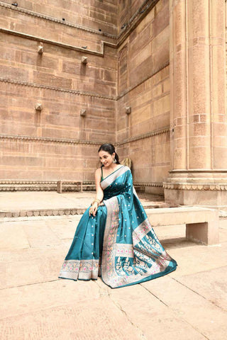 Teal  Pure Katan Silk Banarasi Handloom Silk Saree