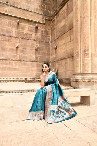 Teal  Pure Katan Silk Banarasi Handloom Silk Saree