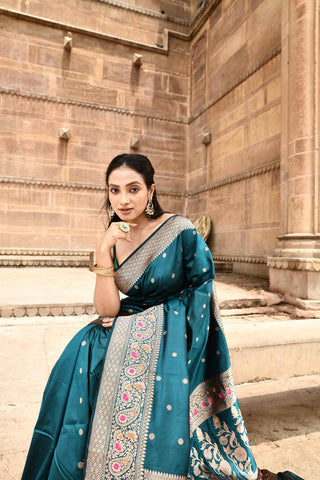 Teal  Pure Katan Silk Banarasi Handloom Silk Saree