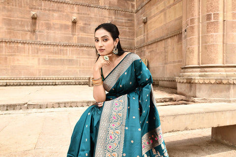 Teal  Pure Katan Silk Banarasi Handloom Silk Saree