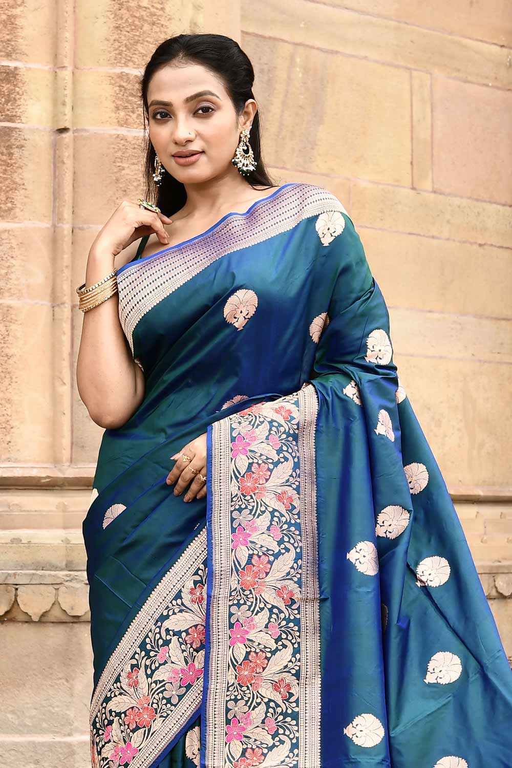 Teal Green Pure Katan Silk Banarasi Handloom Silk Saree