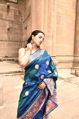 Teal Green Pure Katan Silk Banarasi Handloom Silk Saree