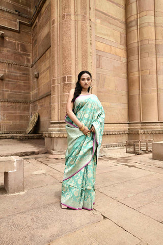 Mint Green Pure Katan Silk Banarasi Handloom Saree