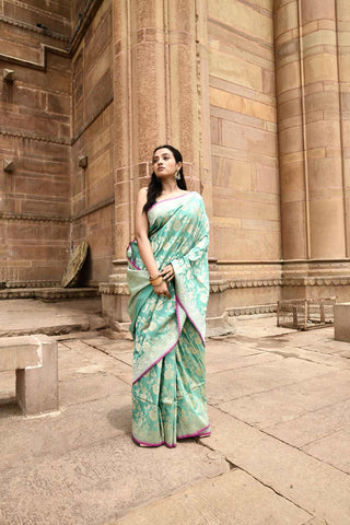 Mint Green Pure Katan Silk Banarasi Handloom Saree