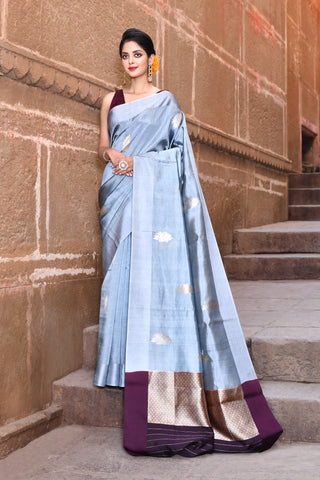 Grey Pure Katan Silk Banarasi Handloom Saree With Kadhua Boota and Contrast Palla in Wine