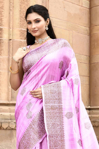 Lilac Pink Pure Tussar Silk Banarasi Handloom Silk Saree