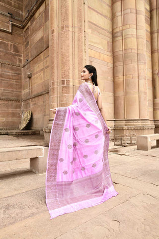 Lilac Pink Pure Tussar Silk Banarasi Handloom Silk Saree