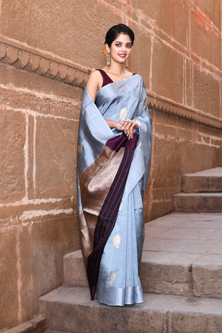 Grey Pure Katan Silk Banarasi Handloom Saree With Kadhua Boota and Contrast Palla in Wine