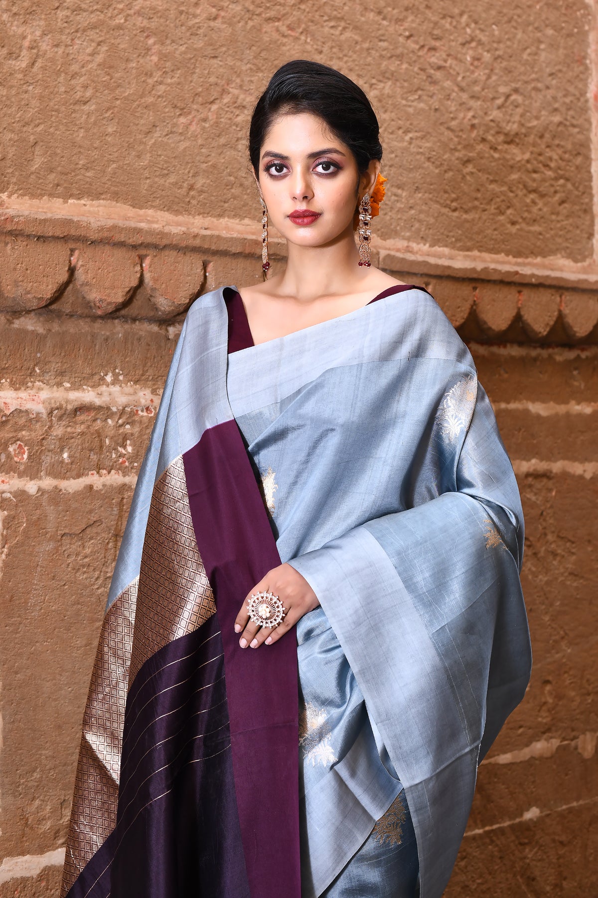 Grey Pure Katan Silk Banarasi Handloom Saree With Kadhua Boota and Contrast Palla in Wine