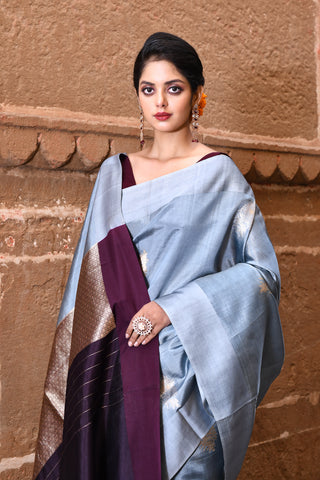 Grey Pure Katan Silk Banarasi Handloom Saree With Kadhua Boota and Contrast Palla in Wine