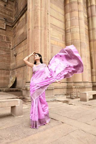 Lilac Pink Pure Tussar Silk Banarasi Handloom Silk Saree