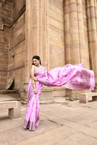 Lilac Pink Pure Tussar Silk Banarasi Handloom Silk Saree