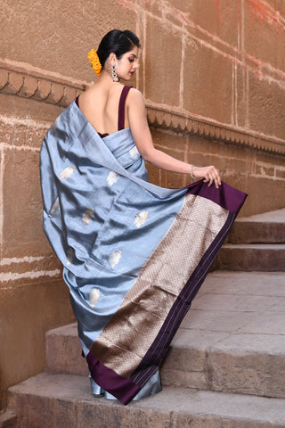 Grey Pure Katan Silk Banarasi Handloom Saree With Kadhua Boota and Contrast Palla in Wine