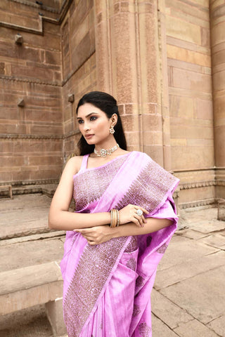 Lilac Pink Pure Tussar Silk Banarasi Handloom Silk Saree