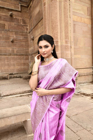 Lilac Pink Pure Tussar Silk Banarasi Handloom Silk Saree