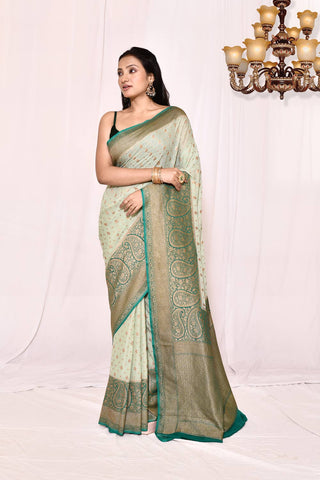 Green Pure Khaddi Georgette Banarasi Handloom Silk Saree