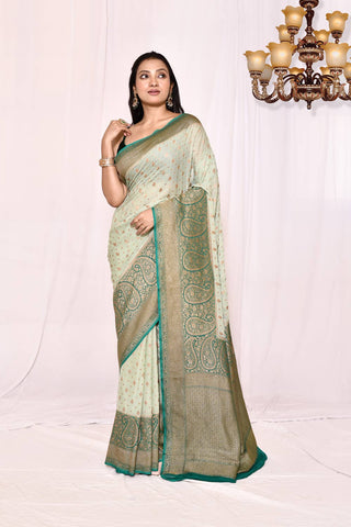 Green Pure Khaddi Georgette Banarasi Handloom Silk Saree