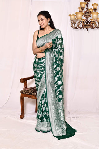 Bottle Green Pure Khaddi Georgette Banarasi Handloom Silk Saree