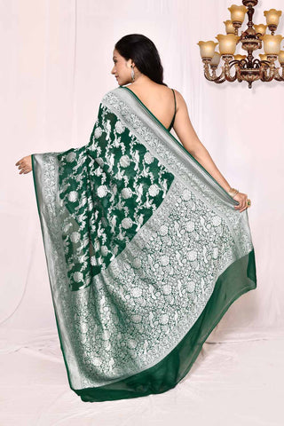 Bottle Green Pure Khaddi Georgette Banarasi Handloom Silk Saree