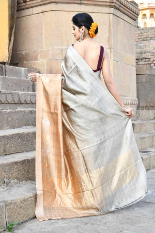 Ecru Grey - Beige Tussar Ombre Pure Katan Silk Banarasi Handloom Saree