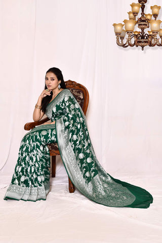 Bottle Green Pure Khaddi Georgette Banarasi Handloom Silk Saree