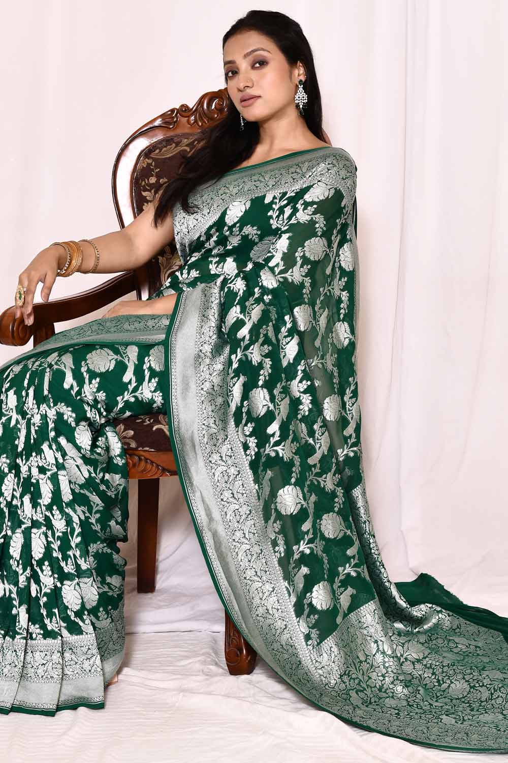 Bottle Green Pure Khaddi Georgette Banarasi Handloom Silk Saree