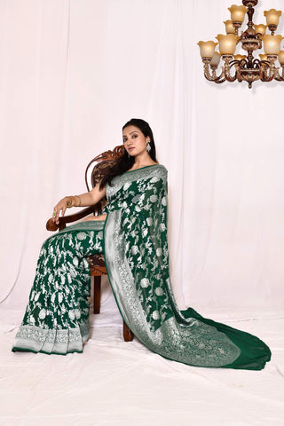 Bottle Green Pure Khaddi Georgette Banarasi Handloom Silk Saree