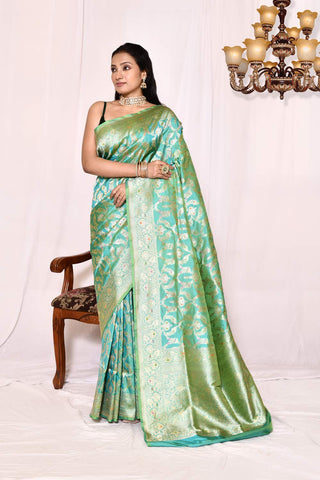 Mint Green Pure Katan Banarasi Handloom Silk Saree